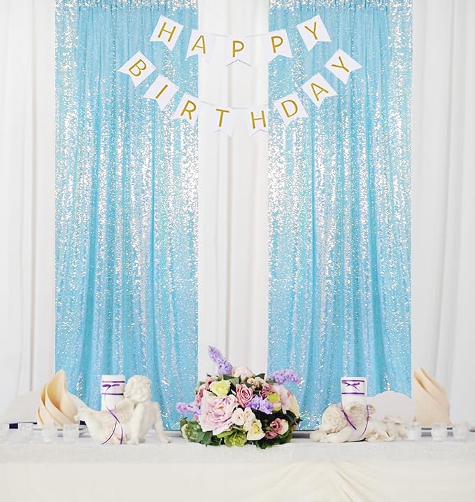 ShinyBeauty Aqua Backdrop Curtains Sequin Curtains 2 Panels 2FTx8FT Sequin - Image 2