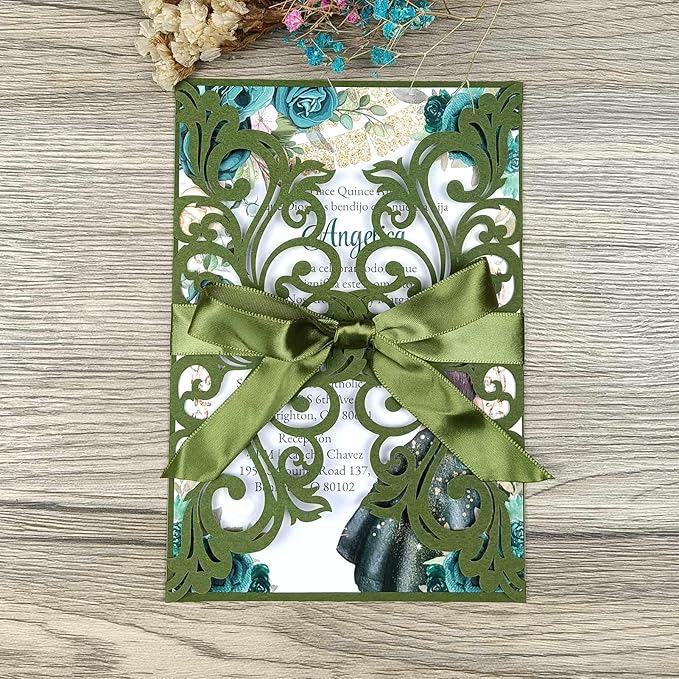 25PCS Olive Green Laser Cut Wedding Invitations Cards - Image 2