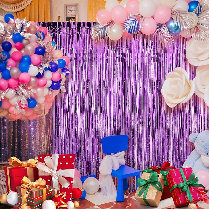 Crosize 4 Pack 3.3 x 9.9 ft Purple Foil Fringe Curtains Party Decorations - Image 4