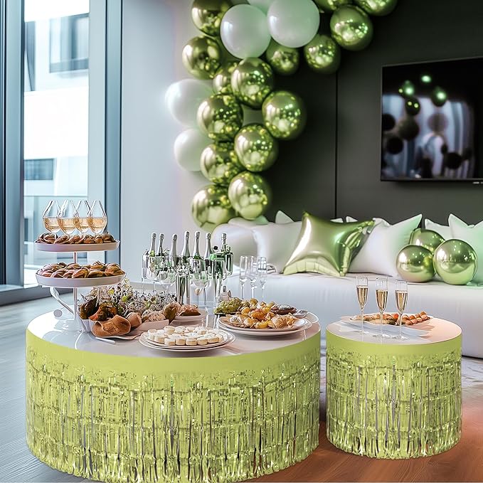 2 Pack Lime Green Table Skirts, 29x108" Metallic Foil Tinsel Fringe Table Skirt - Image 9