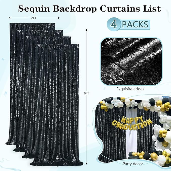 Black Sequin Backdrop 4 Panels 2FTx8FT Halloween Backdrop Curtains Party - Image 3