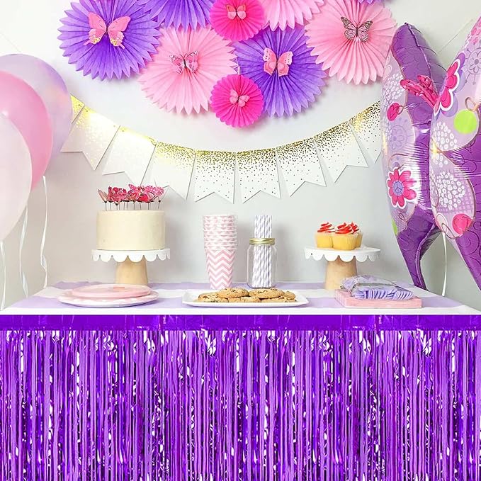 3 Pack 29 x108 Inch Purple Foil Fringe Table Skirts Metallic Banner - Image 4