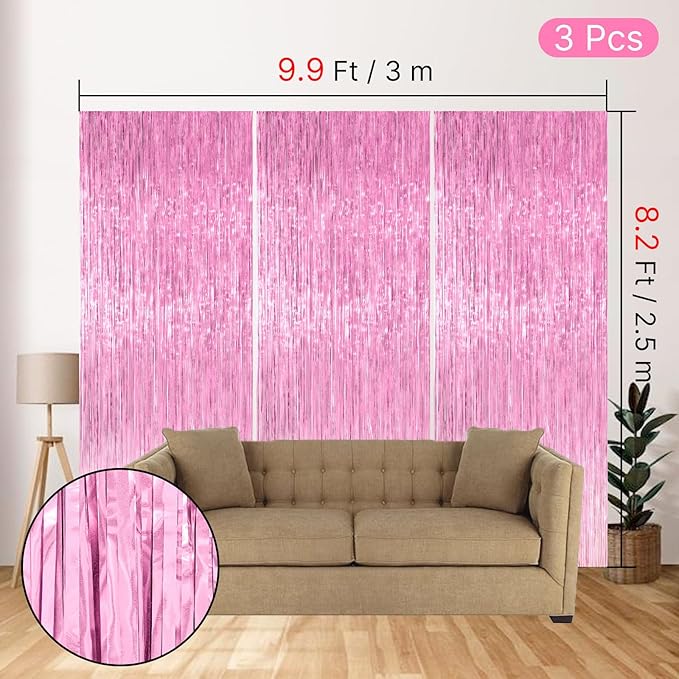 PartyWoo Pink Streamers Tinsel Backdrop Curtain 3pcs 8.2ft Foil Fringe Curtain - Image 4