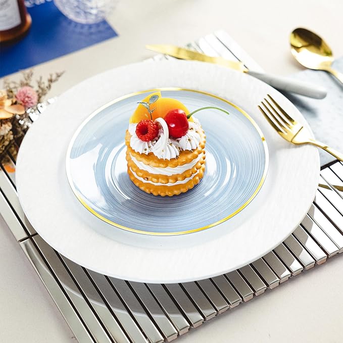 100PCS Transparent Blue Gold Plastic Plates, 7 Inch Heavy Duty Disposable - Image 4
