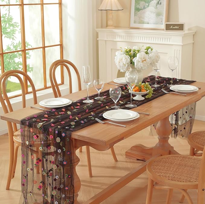 Black Embroidery Daisy Fall Table Runner 120Inch 10FT Florals Soft Sheer Tulle - Image 7