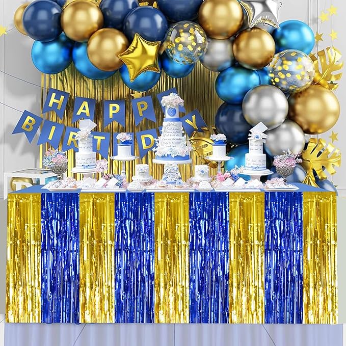 BEISHIDA 2 Pack Blue Gold Table Skirts Party Decorations Metallic Tinsel Foil - Image 5