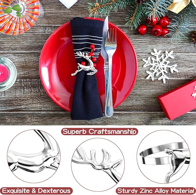 ZeeDix Silver Reindeer Christmas Napkin Rings Set of 12, Napkin Holder Ring - Image 3