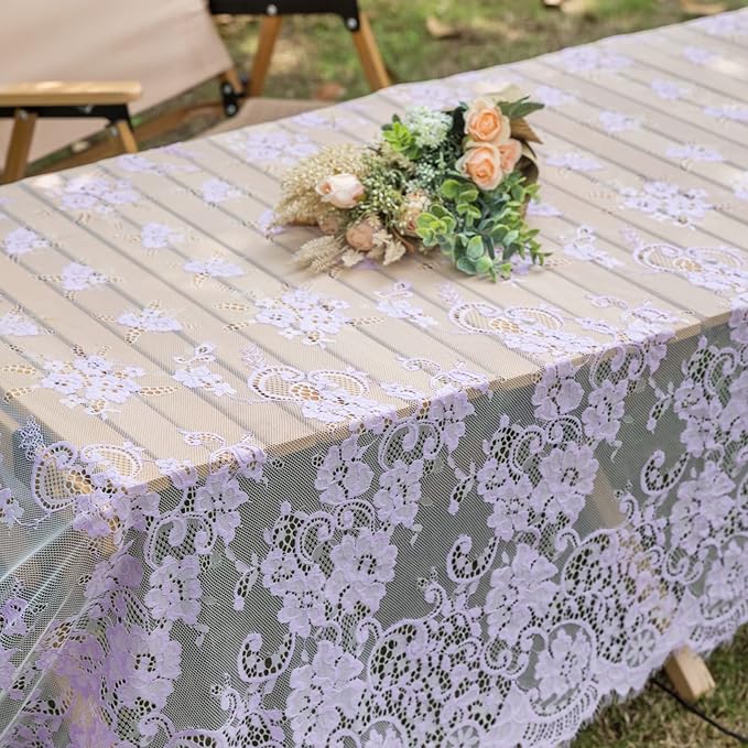 TINWIN Purple Lace Tablecloth 60x120 Inch Rectangle Vintage Runner Eyelash - Image 4