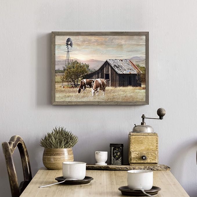 Nature Scene Wooden Framed Art：Horses&Vintage House under the Mountain Painting - Image 4