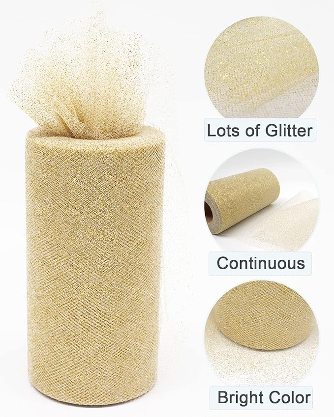 Glitter Gold Tulle Fabric Rolls, 6 Inch 50 Yards Sparkling Spool Ribbon Sequin - Image 2