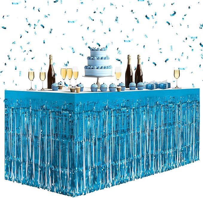 8 Pack Lake Blue Table Skirts, 29x108" Metallic Foil Tinsel Fringe Table Skirts by Unknown