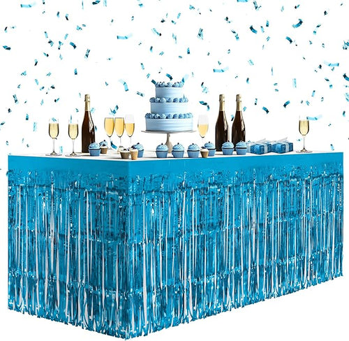 1 Pack Lake Blue Table Skirts, 29x108" Metallic Foil Tinsel Fringe Table Skirts by Unknown