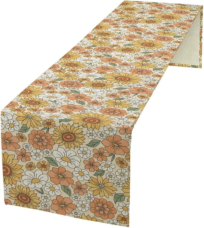 Vintage Floral Table Runner, Boho 70s Style Retro Daisies Flower Table Runner by Unknown