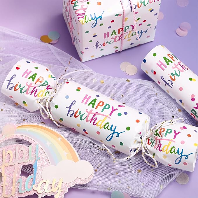 LeZakaa Birthday Wrapping Paper Roll, Happy Birthday Lettering & Colored Polka - Image 4