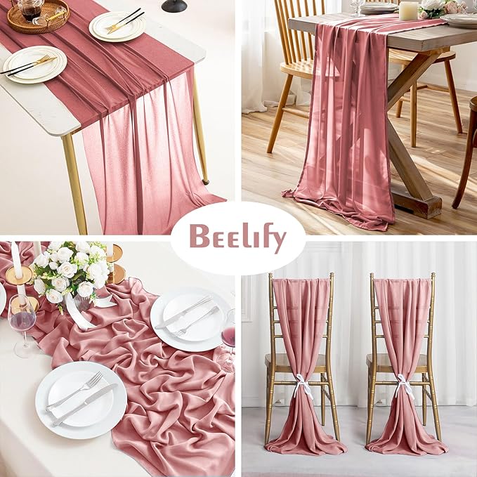 2 Pack 10 Ft Chiffon Table Runner Blush Pink Gauze Long Table Runners 27x120 - Image 3