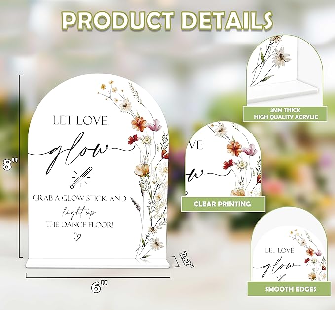 Boho Floral Let Love Glow Sign, 6 x 8 Inch White Arch Acrylic Wedding Sign - Image 2