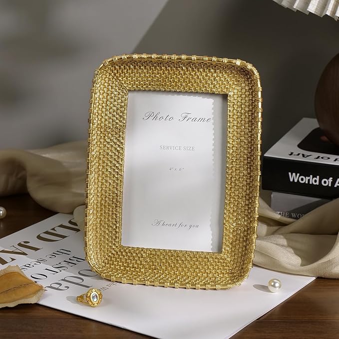 Cuspin 4x6 Picture Frame Vintage Gold Metal Rattan Textured Hand-Crafted Photo - Image 4