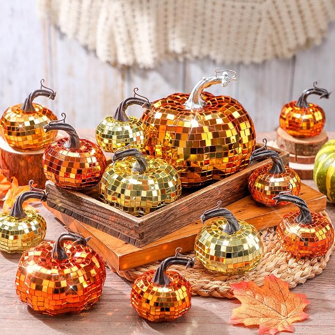 Lenwen 12 Pcs Artificial Disco Pumpkin Glitter Mirror Pumpkin by Lenwen