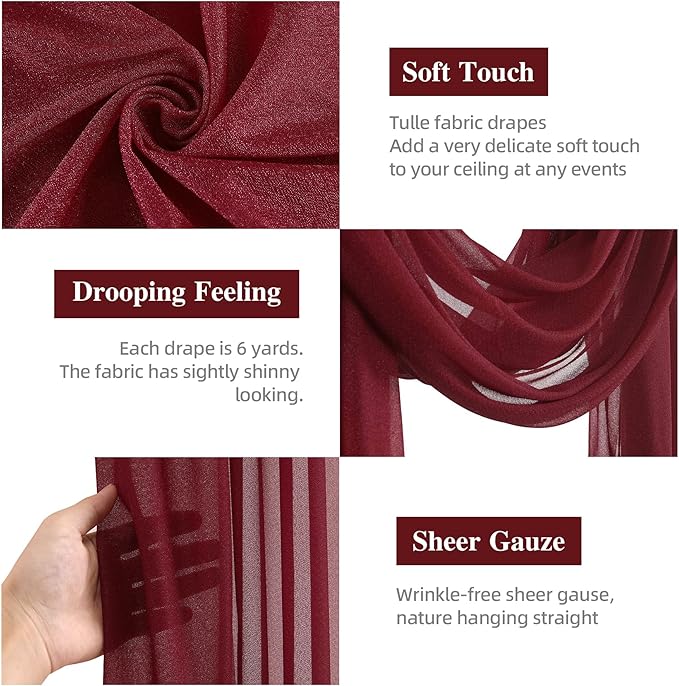 Wedding Arch Draping Fabric, 1 Panel Burgundy Sheer Backdrop Curtain Tulle - Image 2