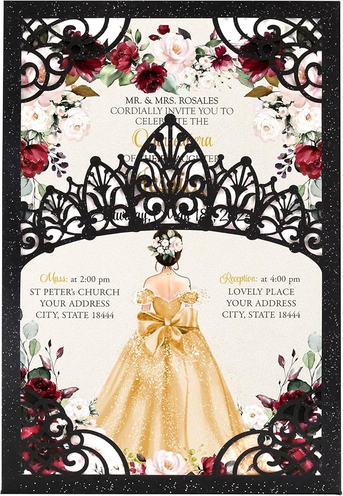 50Pcs Gold Crown Invitations for Quinceanera, 15 year, Sweet 16, Miss XV by DreamBuilt