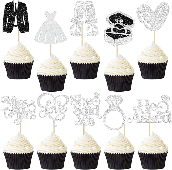 Gyufise 30Pcs She Said Yes Cupcake Toppers Glitter Diamond Ring I Do Love by Gyufise