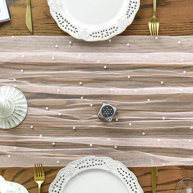 Artoid Mode Pearl Pink Gauze Table Runner 120 Inch 10FT, Seasonal Sheer Dining - Image 2