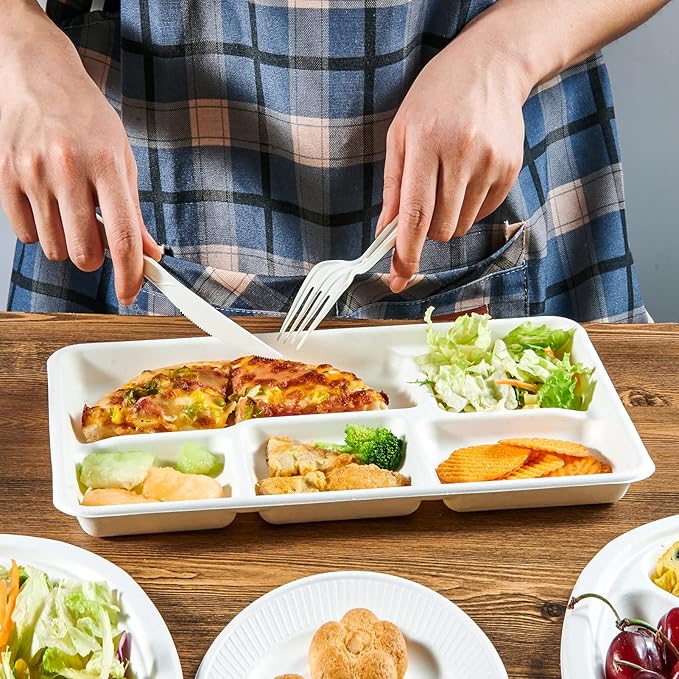 ECOLipak 100% Compostable 5 Compartment Plates, 100 Pack Disposable Compartment - Image 7