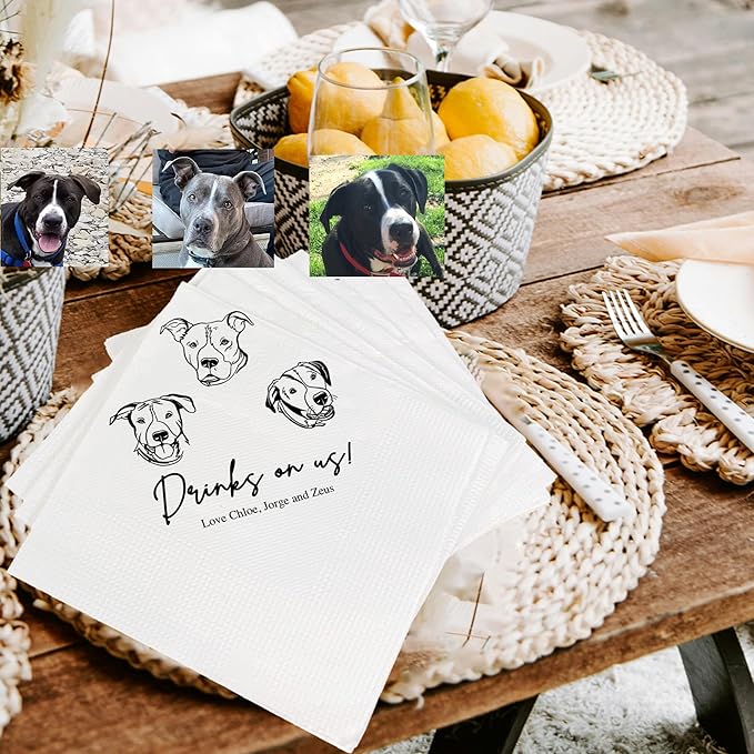Luxury Customized Illustrated Dog Wedding Napkins, Personalized Photo Napkins by Evamall