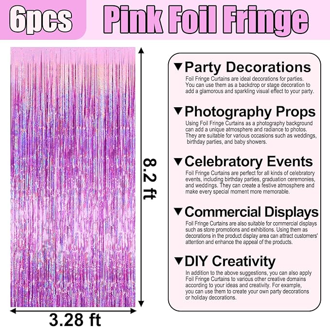 6 Pack Pink Foil Fringe Curtain Backdrop, 3.28Ft x 8.2Ft Metallic Tinsel Foil - Image 2