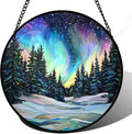 Stained Glass Window Hanging, Aurora Landscape Sun Catchers Glass Panel Green by DASTOLL