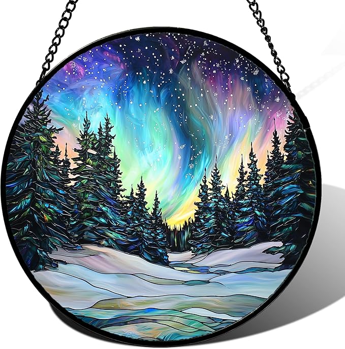 Stained Glass Window Hanging, Aurora Landscape Sun Catchers Glass Panel Green by DASTOLL