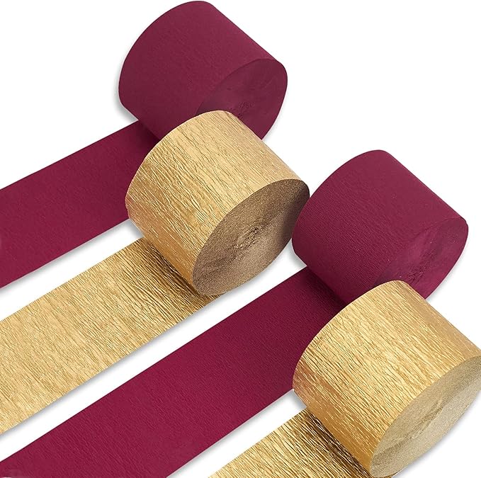 PartyWoo Crepe Paper Streamers 4 Rolls 328ft, Pack of Burgundy and Gold Crepe by PartyWoo
