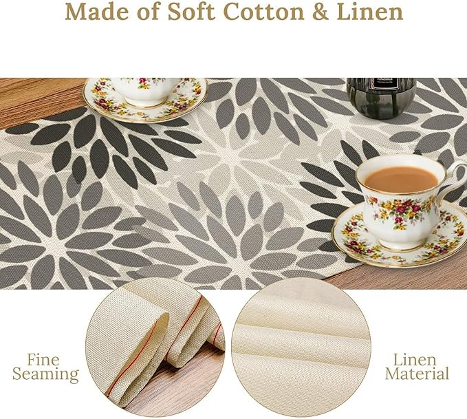 Gray Dahlia Flower Table Runner, Vintage Modern Linen Geometric Pattern Floral - Image 7