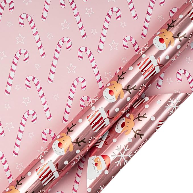 LeZakaa Christmas Pink Wrapping Paper Mini Roll, Santa Claus & Candy Cane - Image 6