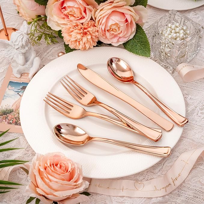 bUCLA 600PCS Rose Gold Plastic Silverware Set - Image 4