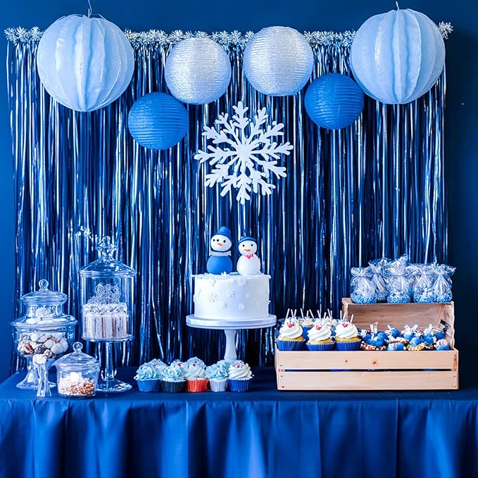 PartyWoo Dark Blue Streamers Fringe Backdrop 3pcs Navy Blue Foil Fringe Curtain - Image 3