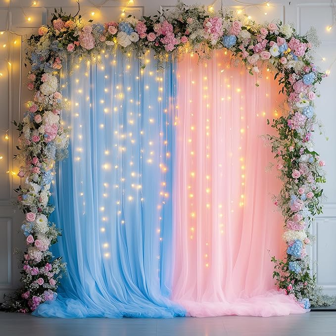 Tulle Backdrop Curtain with Lights String 10FT X 10FT Pink and Blue Sheer Tulle by Xiomot