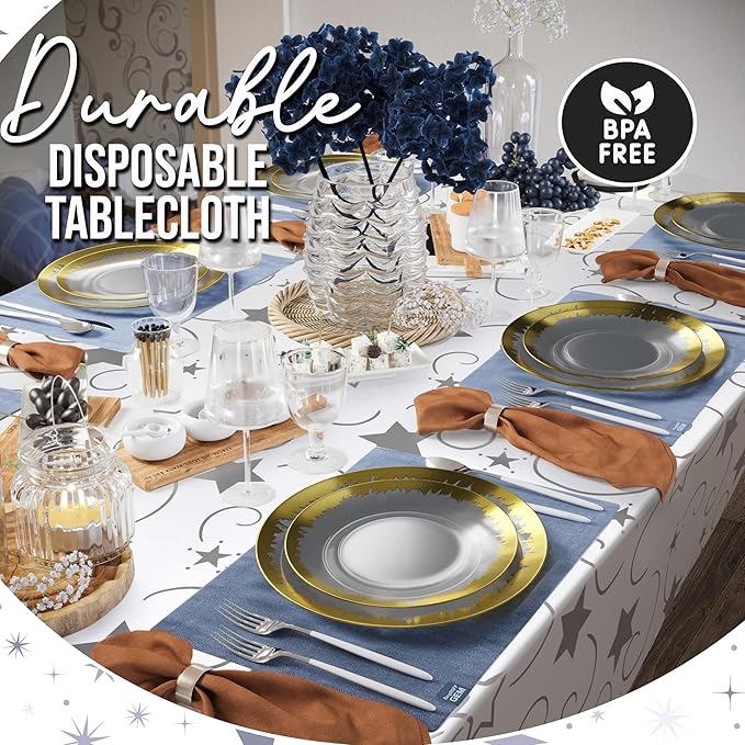 Exquisite Silver Star Tablecloth Plastic 12-Pack Disposable Rectangle - Image 4