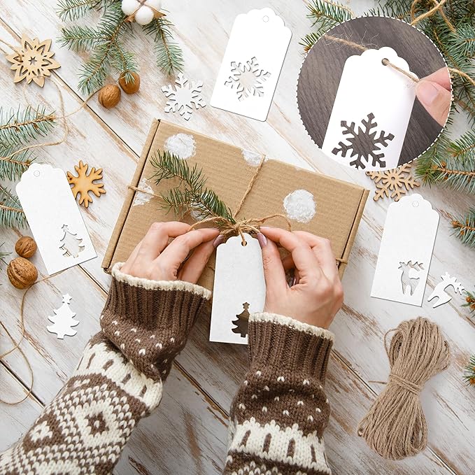 Aneco 150 Pieces Christmas Paper Gift Tags White Kraft Tags Hang Labels - Image 6