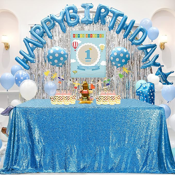 QueenDream Aqua Blue Tablecloth 90 x 132 Inch Sequin Tablecloth - Image 2