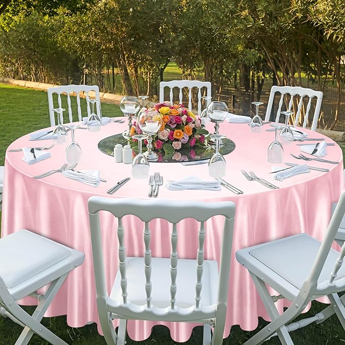 Ruisita 120 Inches Round Satin Tablecloths Light Pink Overlay Round Satin Table - Image 6