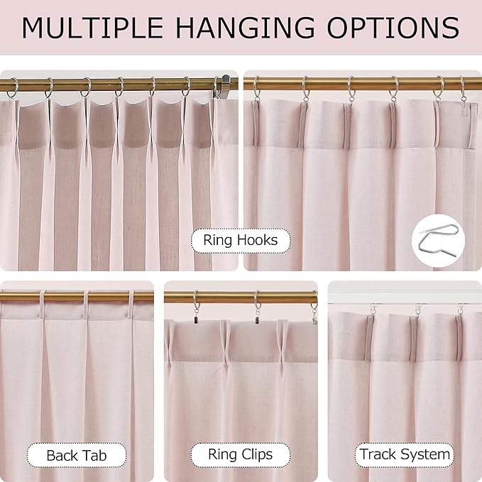 Vision Home Soft Pink Pinch Pleated Semi Sheer Curtains Textured Linen Blended - Image 3