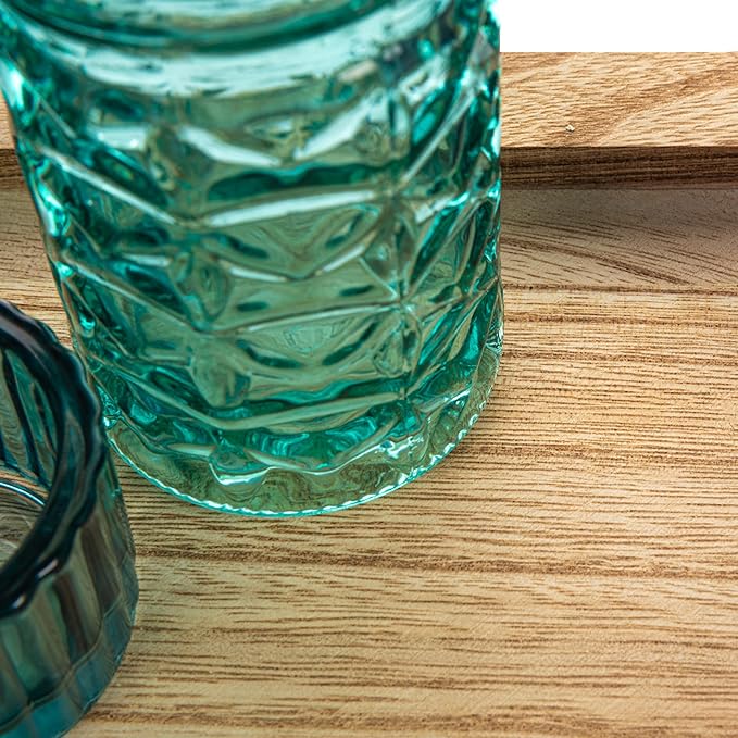 Creative Co-Op Wood Tray with 9 Blue & Green Glass Votive Holders - Image 3