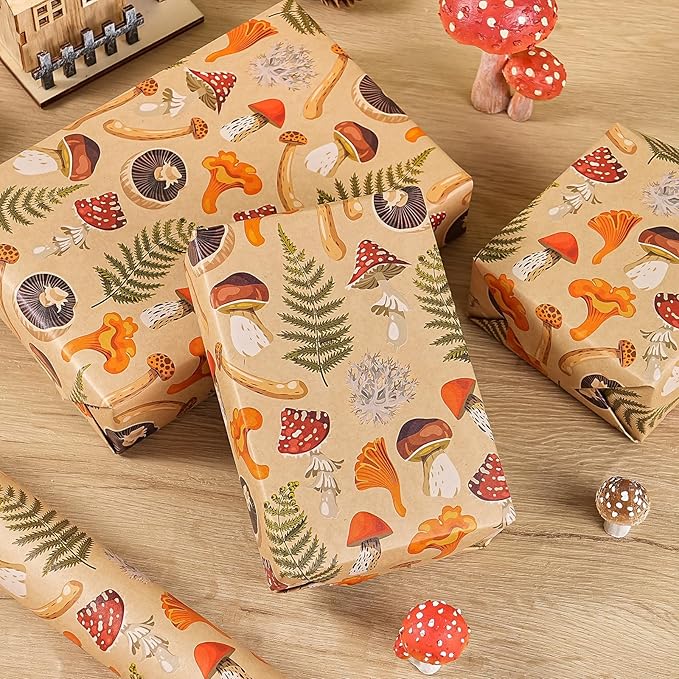 WRAPAHOLIC Kraft Mushroom Wrapping Paper Roll - Image 6