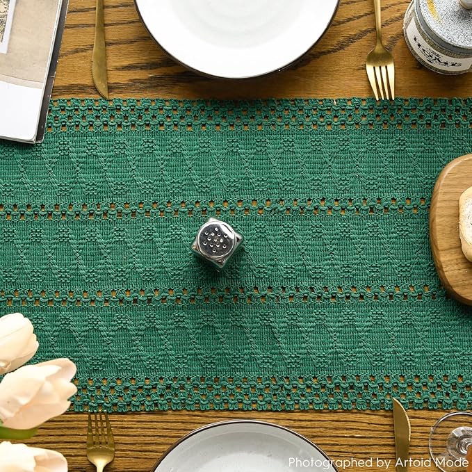 Artoid Mode Dark Green Farmhouse Woven Rustic Hollow Table Runner, Seasonal - Image 5