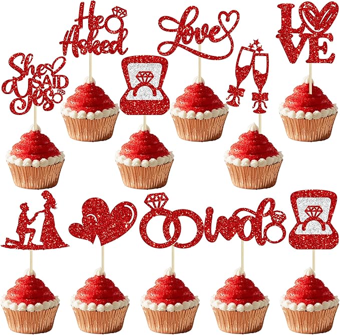Ephlyn 30Pcs He Asked She Said Yes Cupcake Toppers Glitter Engagement Cupcake by Ephlyn