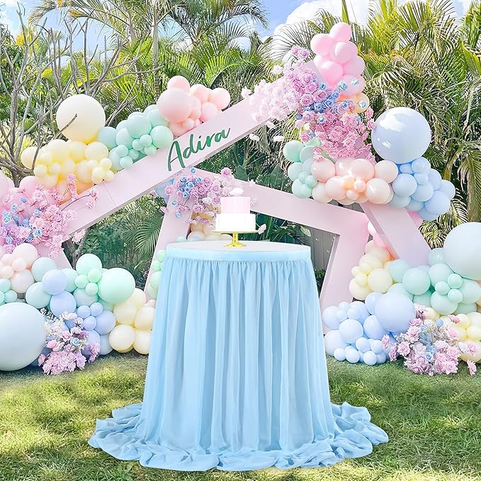 QueenDream 6ft Baby Blue Chiffon Table Skirt - Image 4