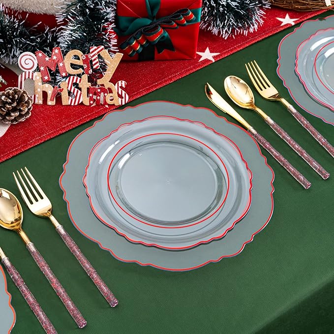 Liacere 150PCS Clear and Red Plastic Plates-Clear Red Disposable Plates - Image 3