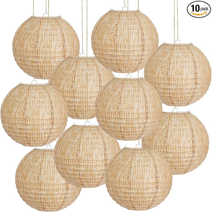10Pcs 10" Boho Fall Party Decorations, Hanging Round Print Burlap Paper Lanterns by Peywot