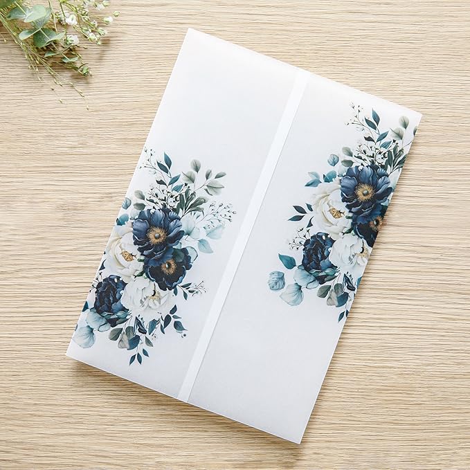 PONATIA 50PCS Vellum Jackets for 5x7 Invitation Cards- 135GSM Navy Blue Flowers by ponatia